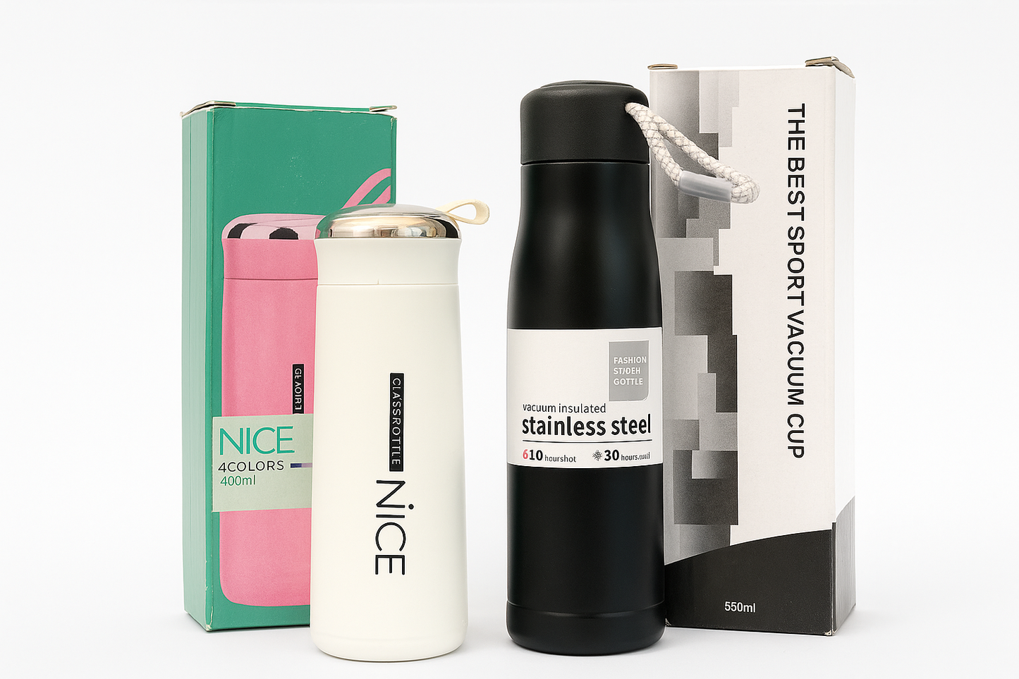 Stainless Steel Water Bottle 550ml + Glass Water Bottle 400ml, 8 Hours Hot 20 Hours Cold