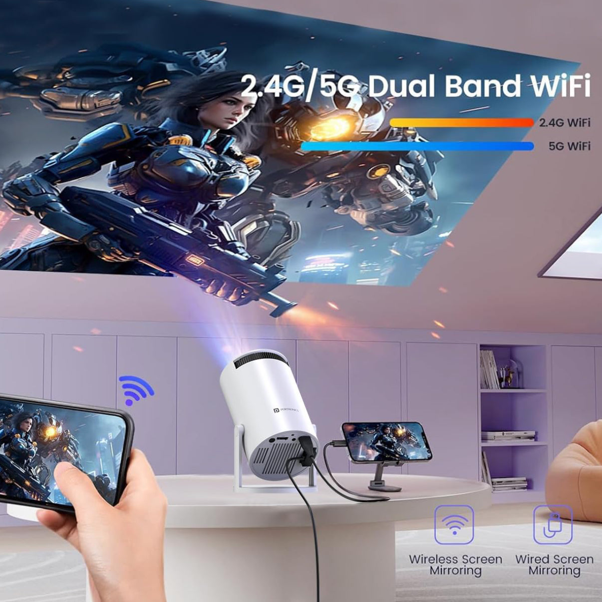 Smart LED Projector with 720p HD Resolution, Rotatable Design, Built-in Streaming Apps (Netflix, Prime Video, Hotstar), 2000 Lumens, Screen Mirroring, 3 Watts Speaker (White)