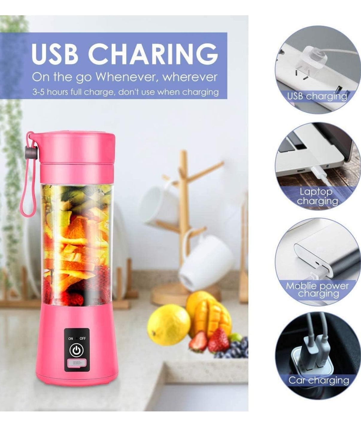 Portable Blender 450 ml, USB Rechargeable Battery